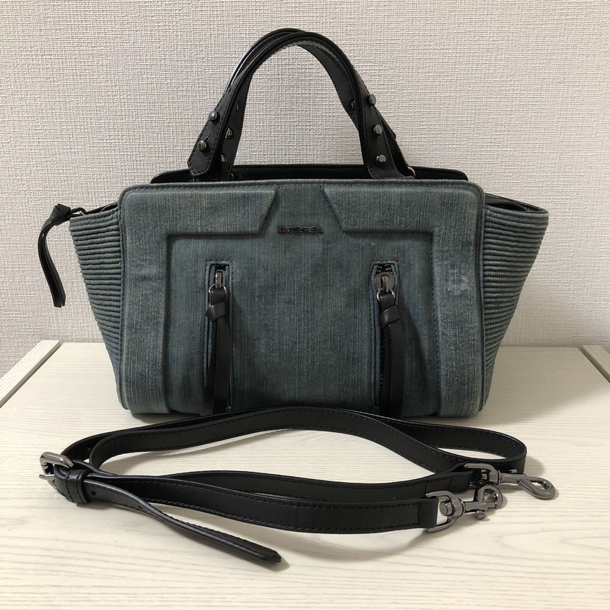美品】DIESEL ディーゼル デニム×レザー 2WAY ハンドバッグ バイカー 
