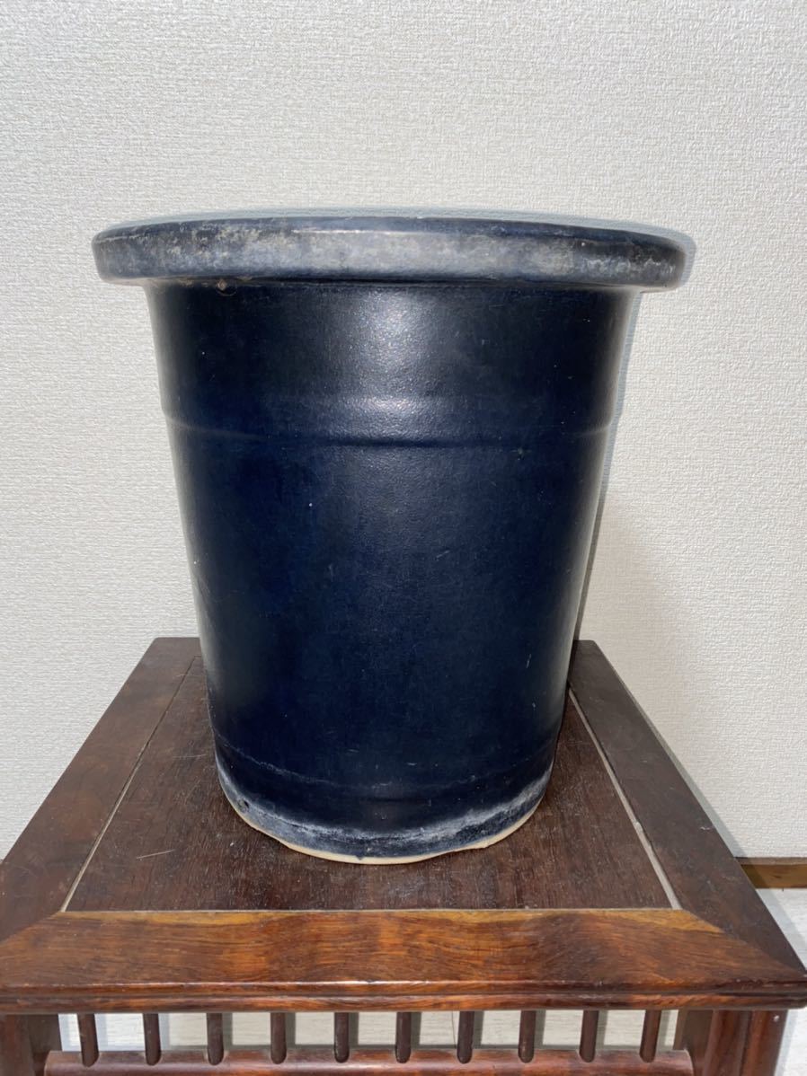 植木鉢 陶器 青 瑠璃 紺色 筒形 深鉢 大型 観葉植物 雑木 鉢 盆栽鉢