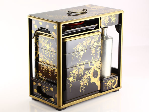 日本美術 黒漆 桜蒔絵 野弁当 共箱 C2310 漆芸 アンティーク