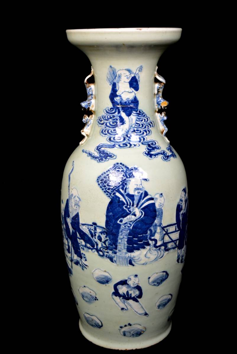 緑屋f□ 中国古玩 古染付 双耳 花瓶 唐物 時代物 i9/9-6903/26-2#60