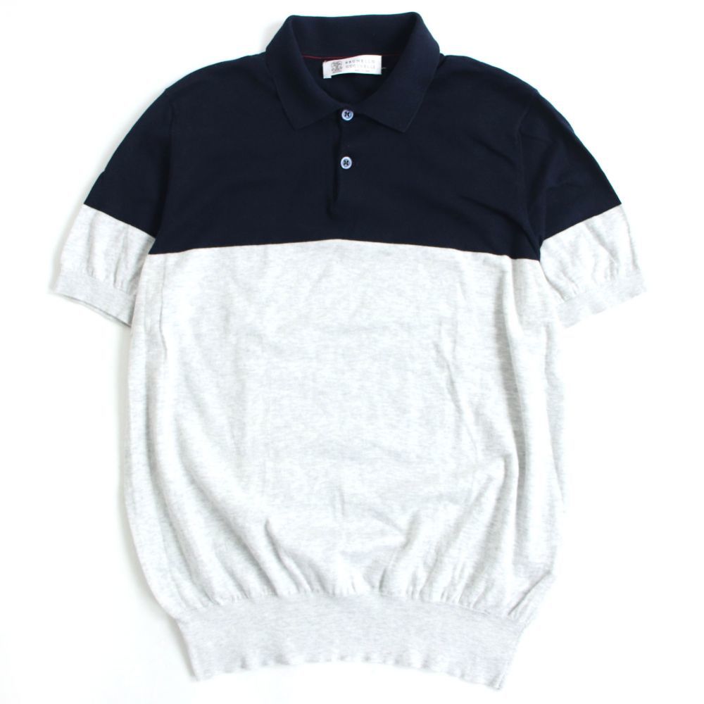 美品□Brunello Cucinelli　ブルネロクチネリ　バイカラー　コットン100％　半袖ポロシャツ　ネイビー×グレー　48　イタリア製　メンズ◎