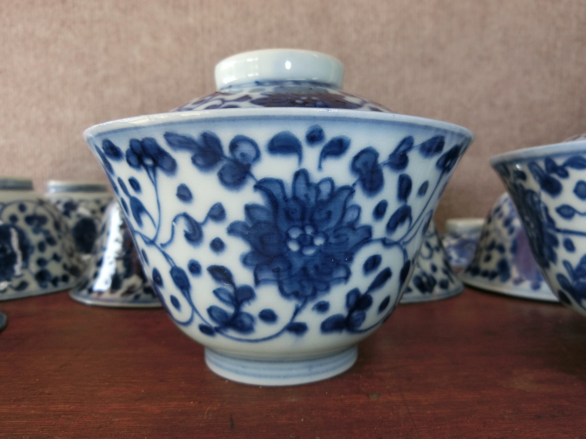 清時代 染付桃文茶碗 清 （依頼品） 扇文 染付 蓋碗 巻物