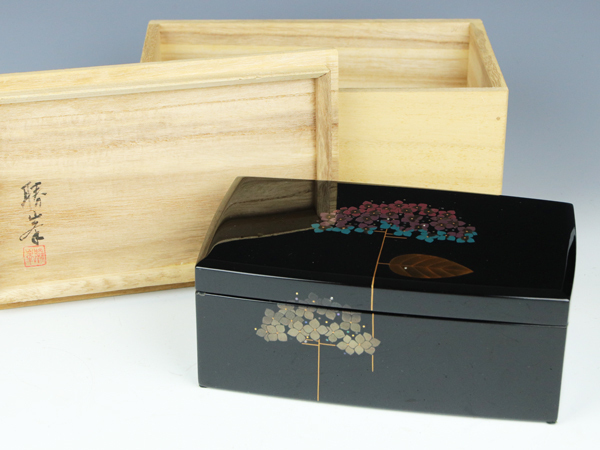 魁】美術漆器 輪島塗 蒔絵師 堂畑勝峯作 秀作品 紫陽花蒔絵 宝石箱 横