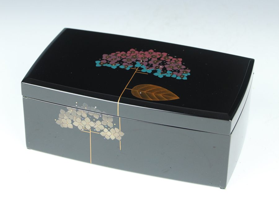 魁】美術漆器 輪島塗 蒔絵師 堂畑勝峯作 秀作品 紫陽花蒔絵 宝石箱 横