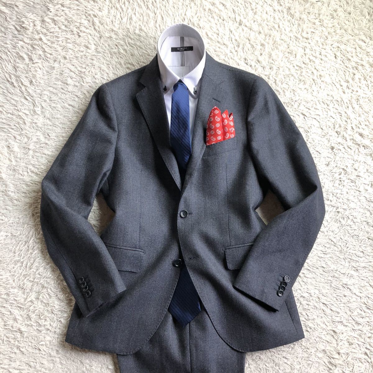 新品同様★高級バーニーズニューヨーク【BARNEYS NEW YORK】シングルスーツ メンズ M 総裏 2釦 ダークグレー ビジネス 春 本切羽 F7