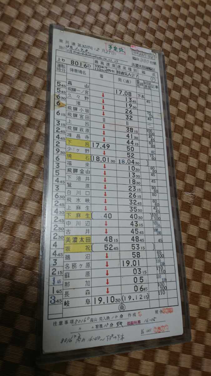JR東海 高山線 特急ひだ 急行奥飛騨?表裏セット1枚仕業票