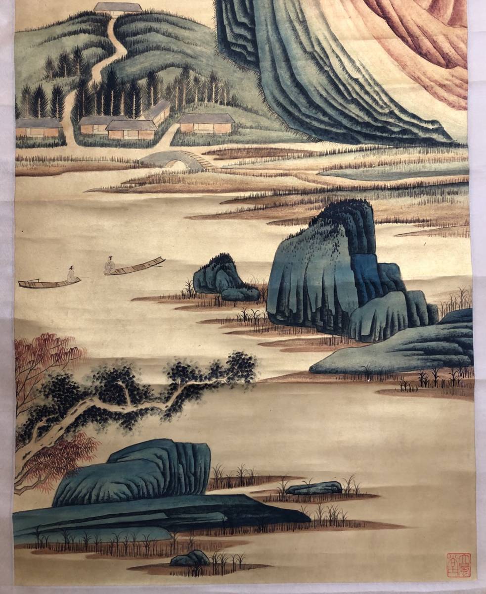 唐芸】 古美術 掛け軸 近現代 張大千 「泥金の山水画 」 立軸 肉筆保証