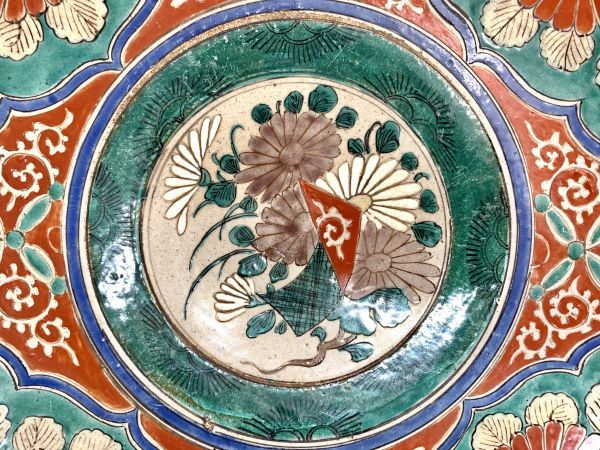 佐渡旧家より 江戸時代 青九谷色絵大皿 直径39cm 時代 古九谷 飾り皿