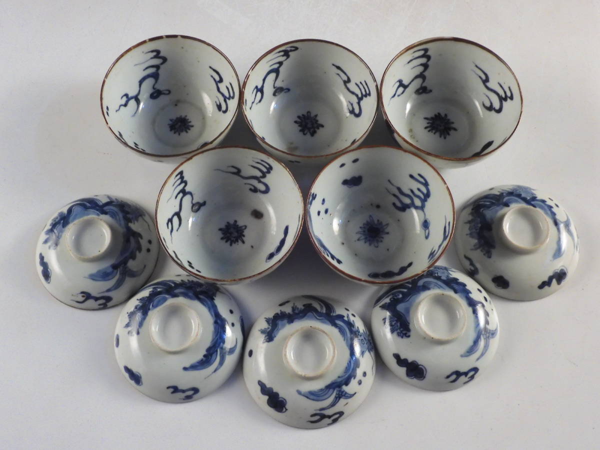 古美術 希 のぞみ 古伊万里 染付 蓋茶碗 伊万里染付龍雷文
