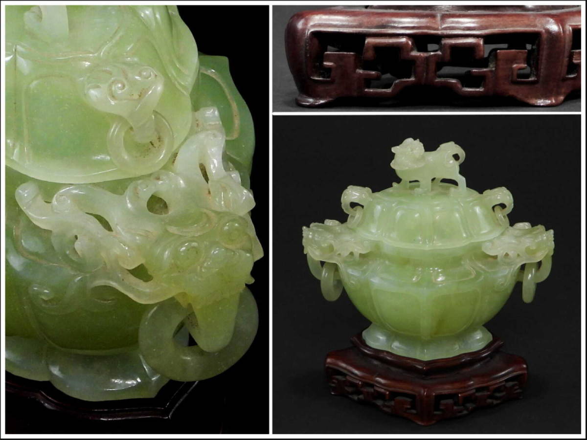立光閣】中国美術.玉石彫刻.獅子摘.獣耳遊環.香炉.唐木紫檀台付□検香