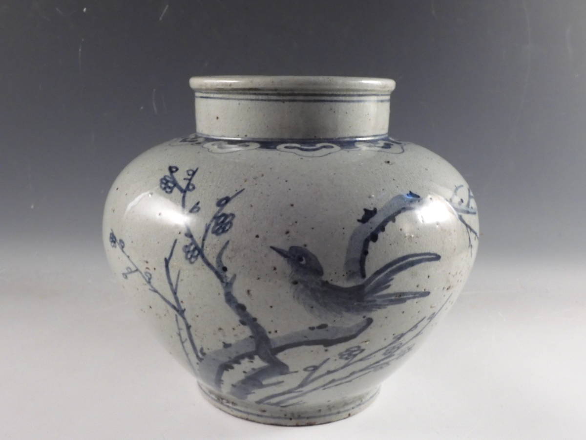 ◇栄◇時代 李朝 古染付 花鳥文 花入 飾壷 25.5