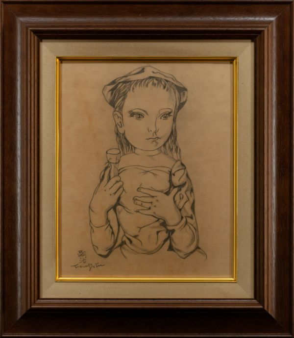 SALEF6藤田嗣治（バラを持つ少女）肉筆品⁄表裏サイン有⁄手描き