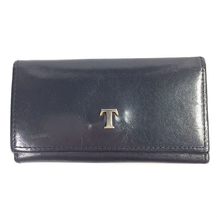 【ティファニー】本物 TIFFANY&Co. キーケース 4連フック T金具 キーリング ネイビーグレー色系 本革 レザー メンズ レディース 送料370円