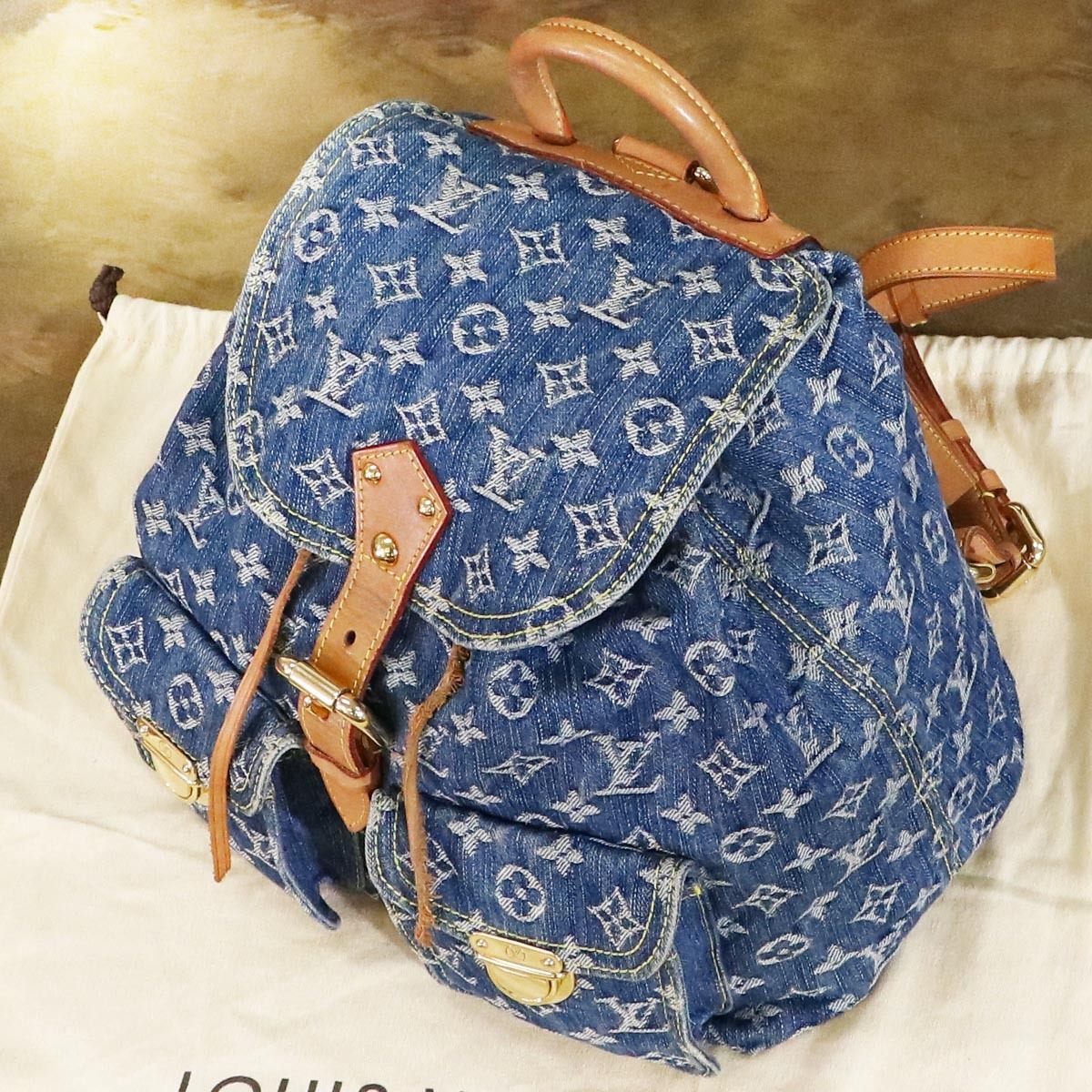 本物 美品 ルイヴィトン 絶盤 M95056 モノグラム デニムライン サック