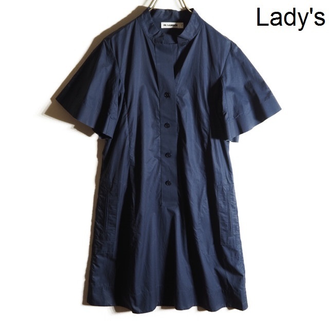 x3820h10　▼JIL SANDER ジルサンダー▼　コットン タイプライター ショートスリーブ ワンピース ネイビー 36 半袖 紺 春夏 rb