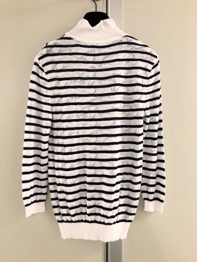 Chloe】white×navyボーダー フェミニン アイレット模様 編み コットン 