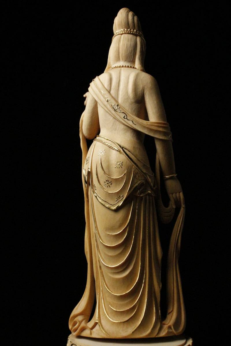 李建作 裸吉祥天像 高さ約31.5cm 幅約15cm 檜総手彫り 證書 共箱付き