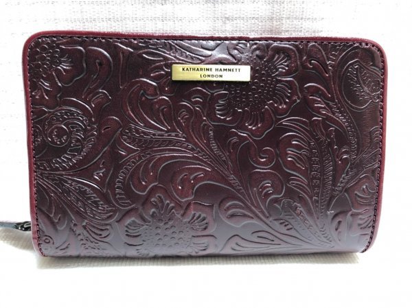 ☆美品☆キャサリンハムネット/牛革折財布/葉＆花型押しワイン