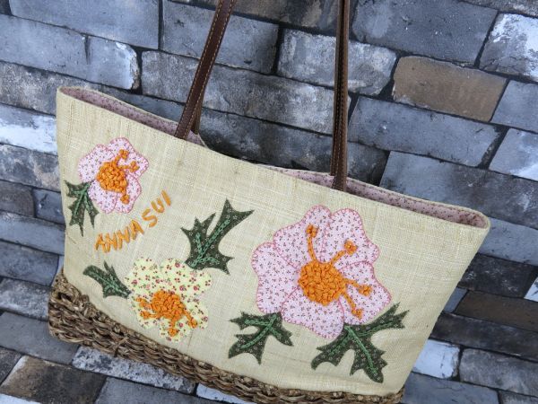 ANNA SUI アナスイ◇花柄◇刺繍◇かご素材 レザー◇トート バッグ 