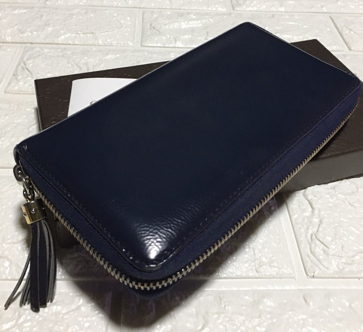 良品／正規品 GUCCIソーホーGGラウンドジップ長財布／ネイビーブルー