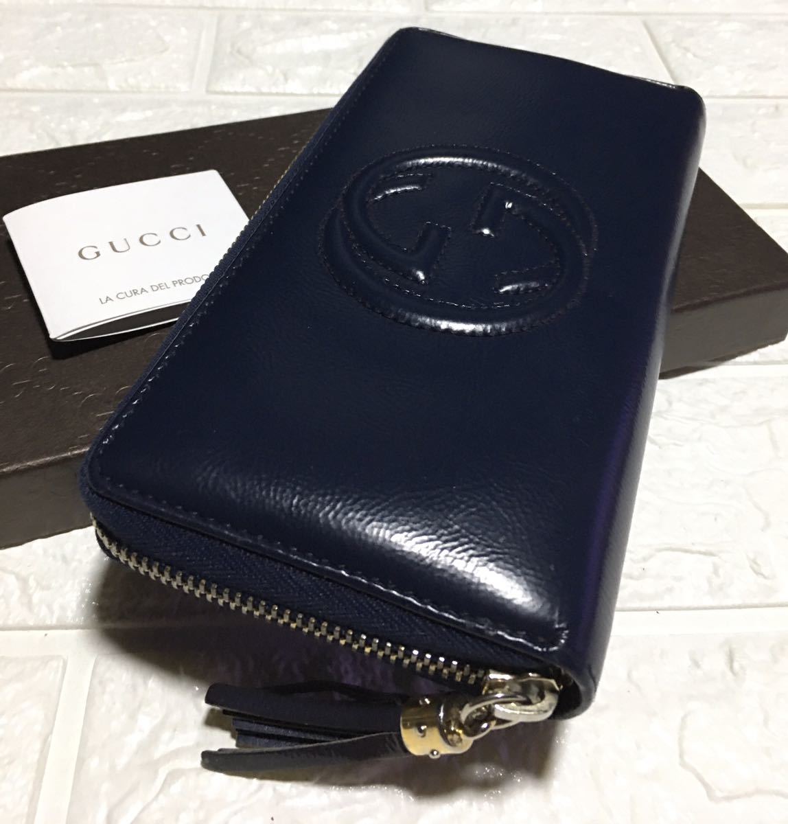 良品／正規品 GUCCIソーホーGGラウンドジップ長財布／ネイビーブルー
