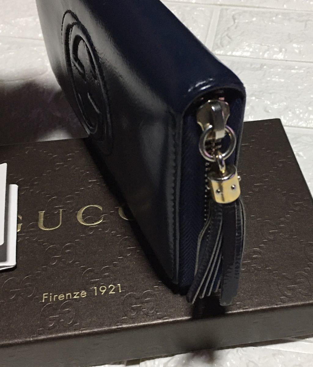 良品／正規品 GUCCIソーホーGGラウンドジップ長財布／ネイビーブルー