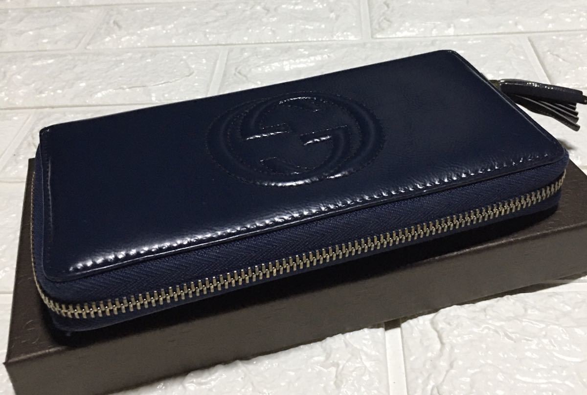 良品／正規品 GUCCIソーホーGGラウンドジップ長財布／ネイビーブルー
