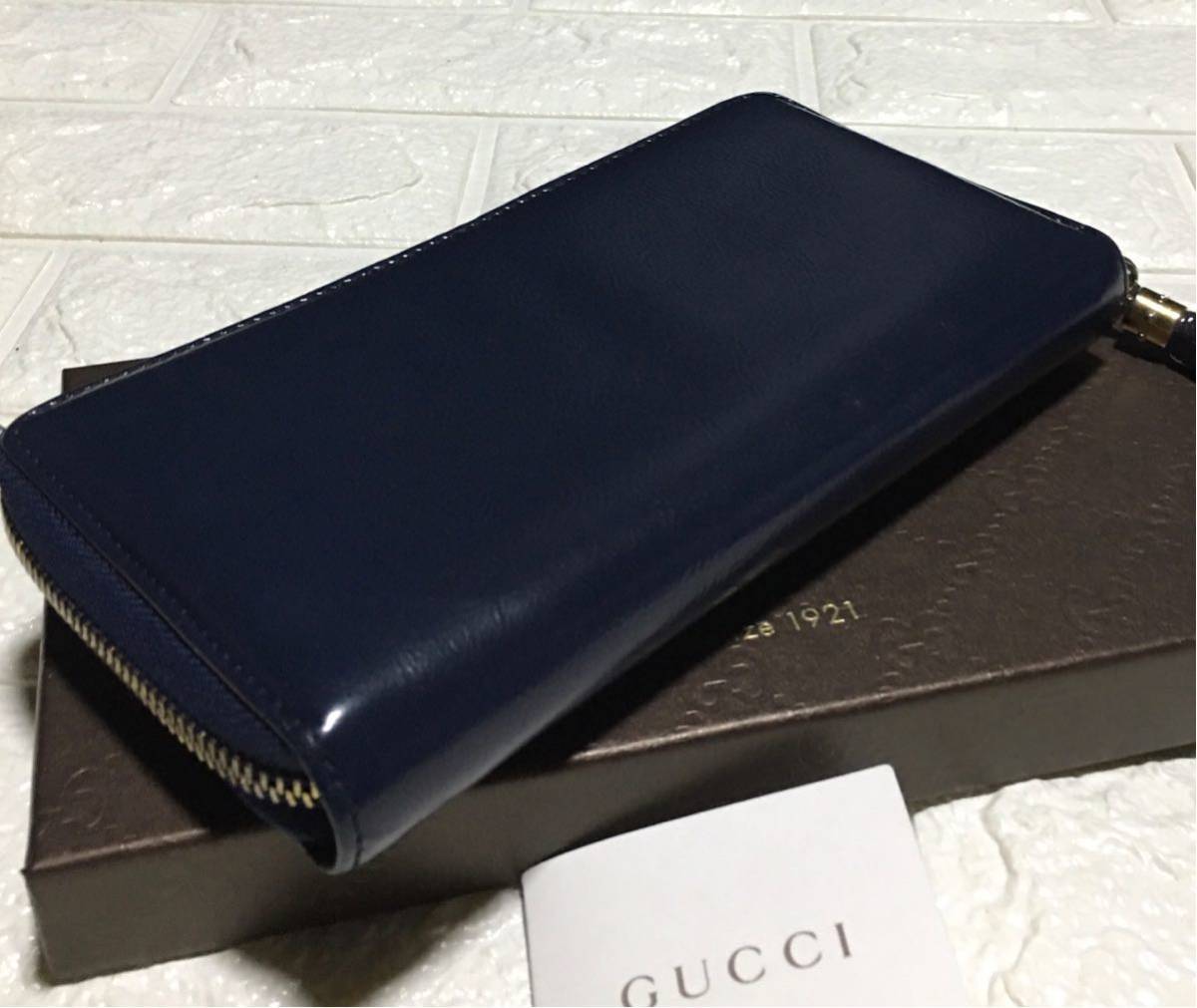 良品／正規品 GUCCIソーホーGGラウンドジップ長財布／ネイビーブルー