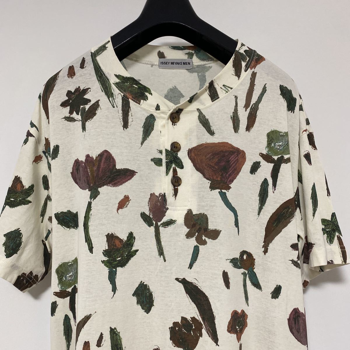 美品 イッセイ ミヤケ メン 花 柄 ヘンリーネック T シャツ M ISSEY 