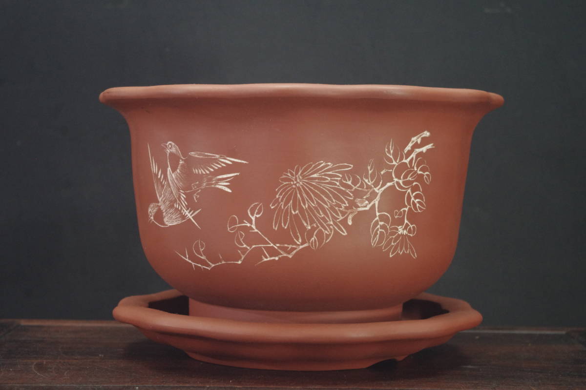 唐物 中国宜興 漢詩花彫 缶工刻 盆栽鉢 古鉢 古盆器 中国 漢詩 古