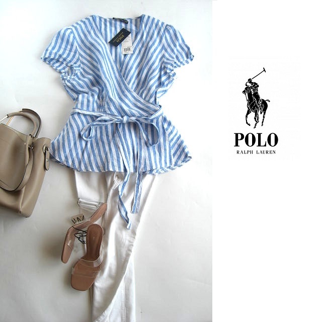 新品ラルフローレンPOLOリネンカシュクールブラウス ウェストヒモ 