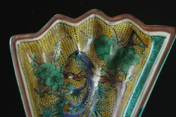 九谷焼 青手九谷 花鳥文 輪花鉢 角福銘 時代箱付 M R6337B 九谷焼 青手