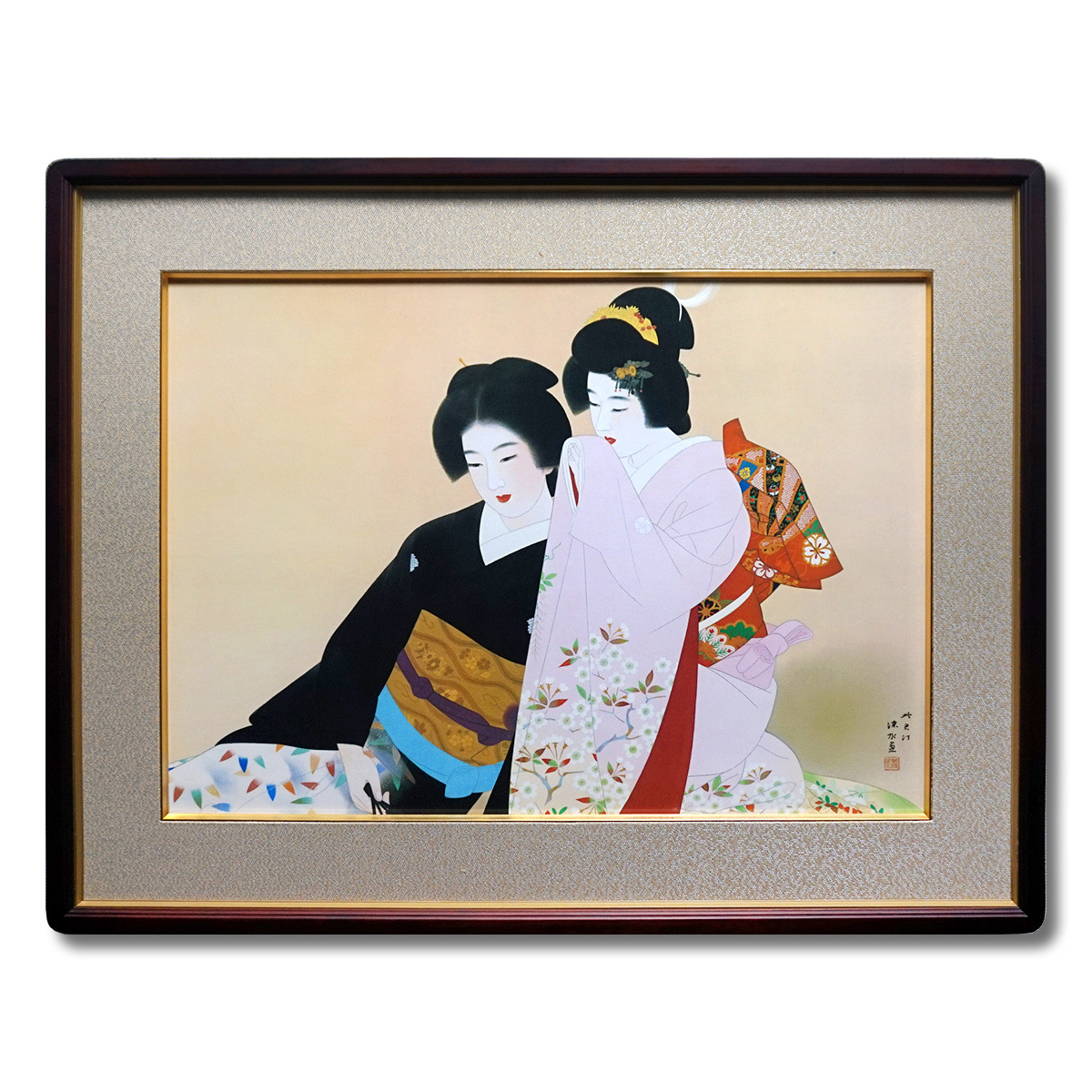伊東深水 『 春宵 』 美人画 名品 複製 色紙 希少 茶道具 美品です。 伊東深水 春宵 女性像 美人画 歌舞伎座 岩絵具式工芸画 原画とほぼ同