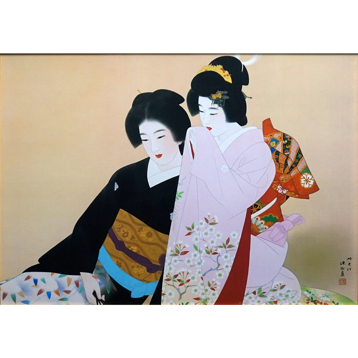 伊東深水 春宵 女性像 美人画 歌舞伎座 岩絵具式工芸画 原画とほぼ同