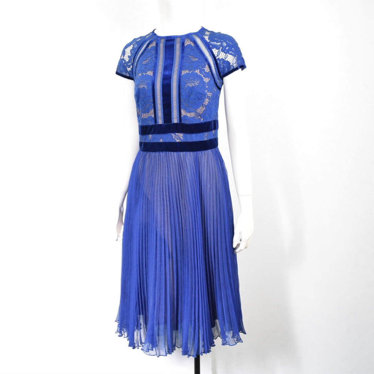 2063-21J0353★TADASHI SHOJI タダシショージ★美品 ロイヤルブルーのドレス 2 ワンピース ベロア レース プリーツスカート