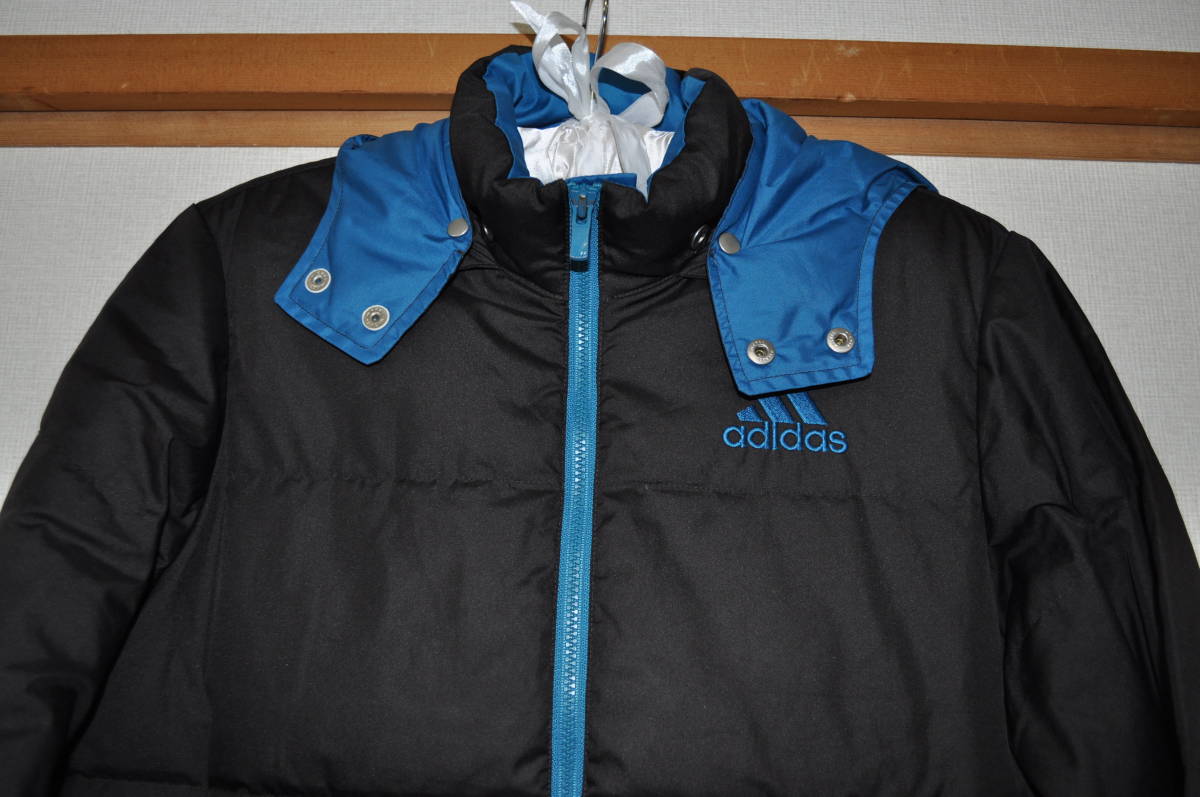 中古美品】アディダスAdidasダウンジャケット140黒＆青フード脱着可80 