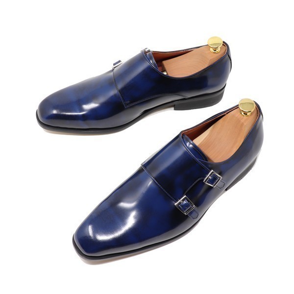 ハンドメイド 27.5cm 本革 ダブル モンクストラップ メンズ ビジネス カジュアル マッケイ製法 靴 紳士靴 ネイビー アドバン仕上げ 2005