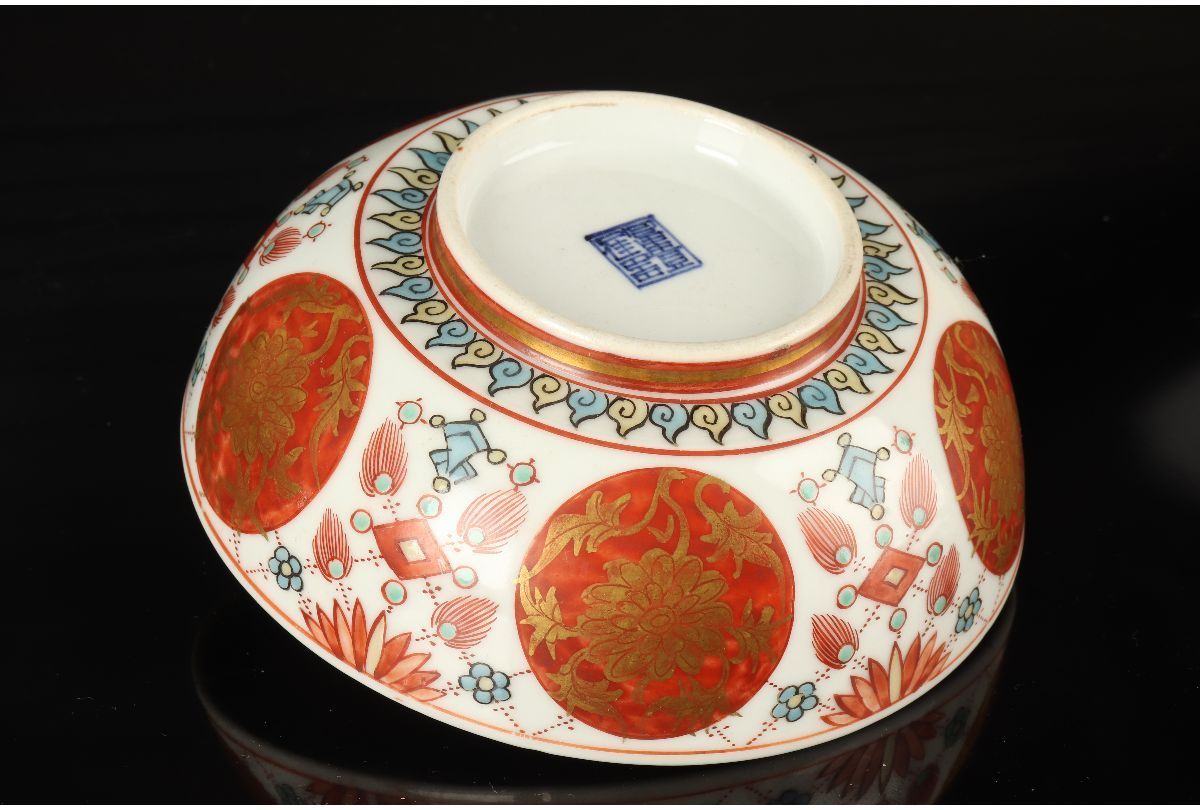 URA 富貴佳器/赤絵金彩花草文菓子鉢/4-h-328 検 骨董/中国/唐物/古玩