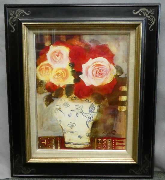 ●真作 【清原啓一】李朝壷の薔薇図 油彩10号 日展顧問 物故巨匠 ○真作 【清原啓一】李朝壷の薔薇図 油彩10号 日展顧問 物故巨匠 真作
