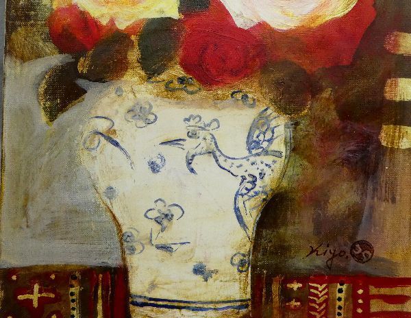 ○真作 【清原啓一】李朝壷の薔薇図 油彩10号 日展顧問 物故巨匠 真作