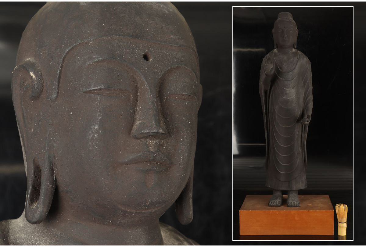 ブロンズ『泰国如来仏頭』台座付 / 仏教美術 仏像 古銅 細密 置物