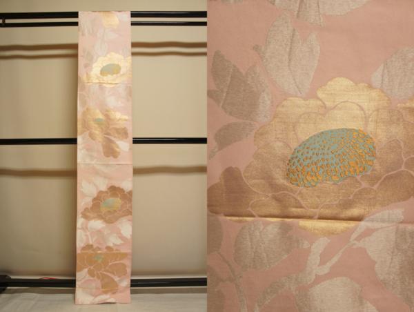 『お花ちゃんの店』うすピンク色花模様袋帯[O5095]