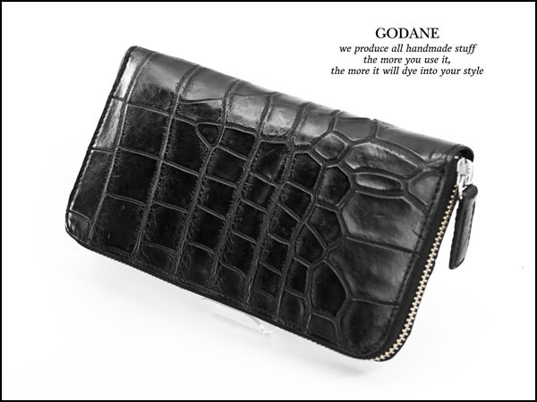 ゴダン★竹符マットシャムクロコダイル革ラウンド長財布★062黒w