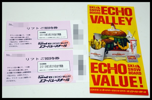 送料無料！エコーバレー スキー場 長野 1日リフト券 招待券 2枚