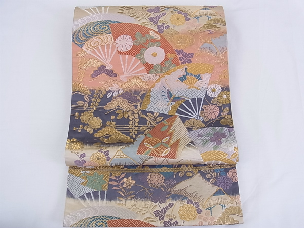 逸品！特選着物■六通柄袋帯　辻が花扇面散らし　純金箔　 2078