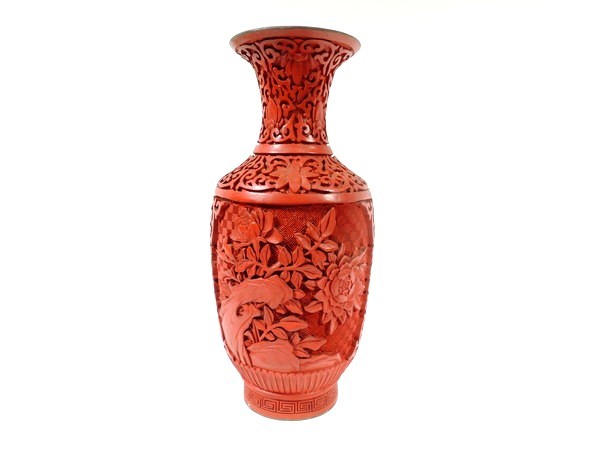 中国美術/花唐草文/彫漆花瓶/内七宝/堆朱/花入/中國/華道具/茶道具 