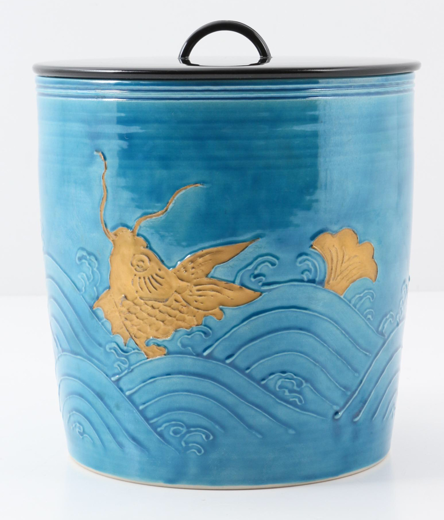 真作］橋本城岳【青交趾荒磯一重口 水指】共箱付き 高さ18cm 茶道具