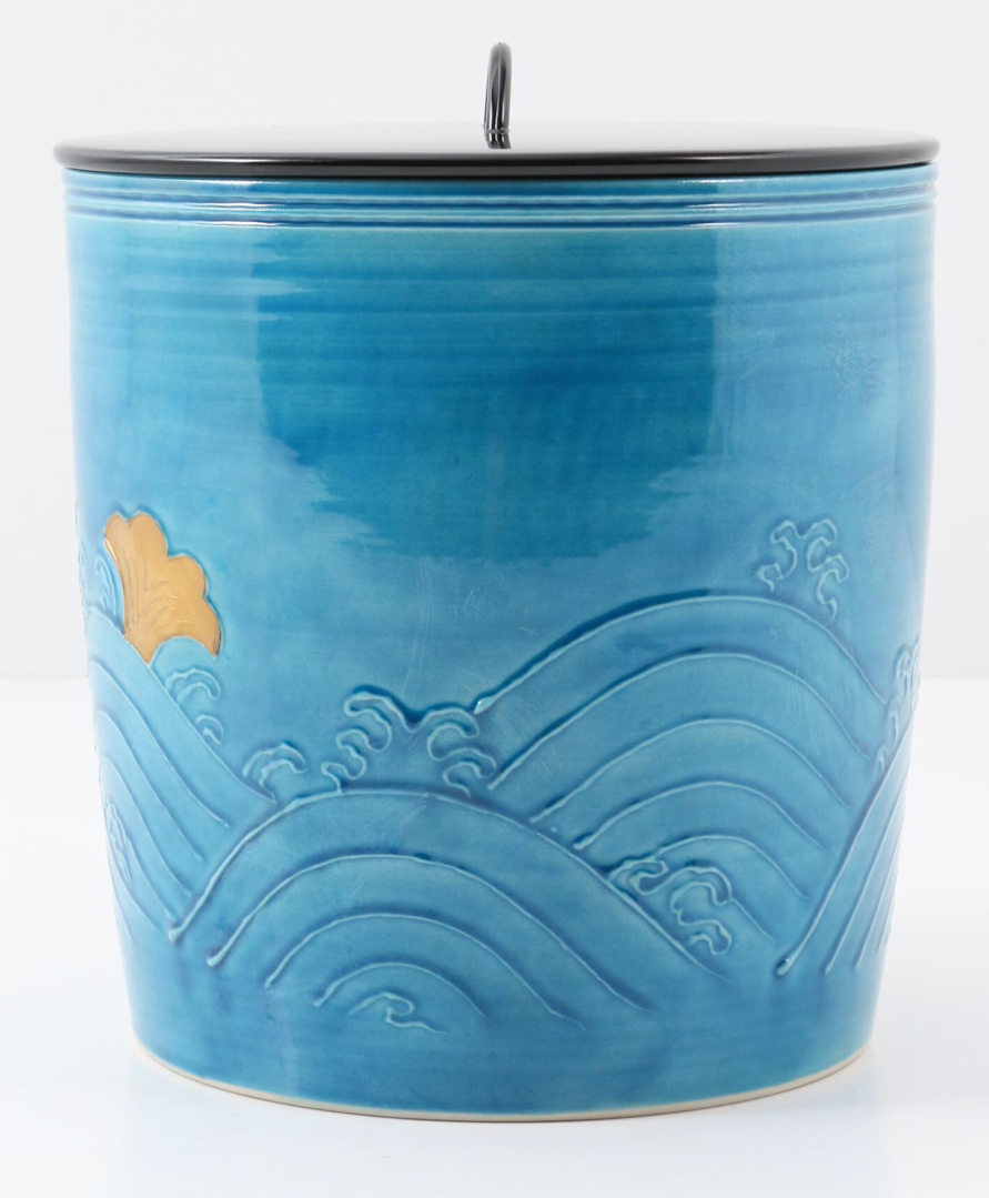 真作］橋本城岳【青交趾荒磯一重口 水指】共箱付き 高さ18cm 茶道具