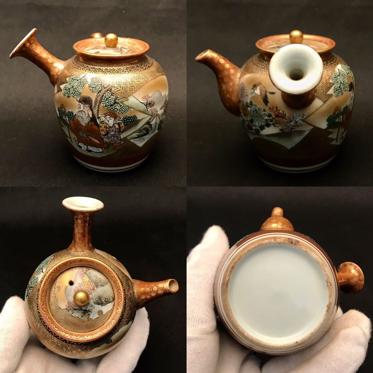 蔵出□明治期 九谷焼 金彩金蘭手 恵比寿大黒寿老人雀窓図 急須□煎茶
