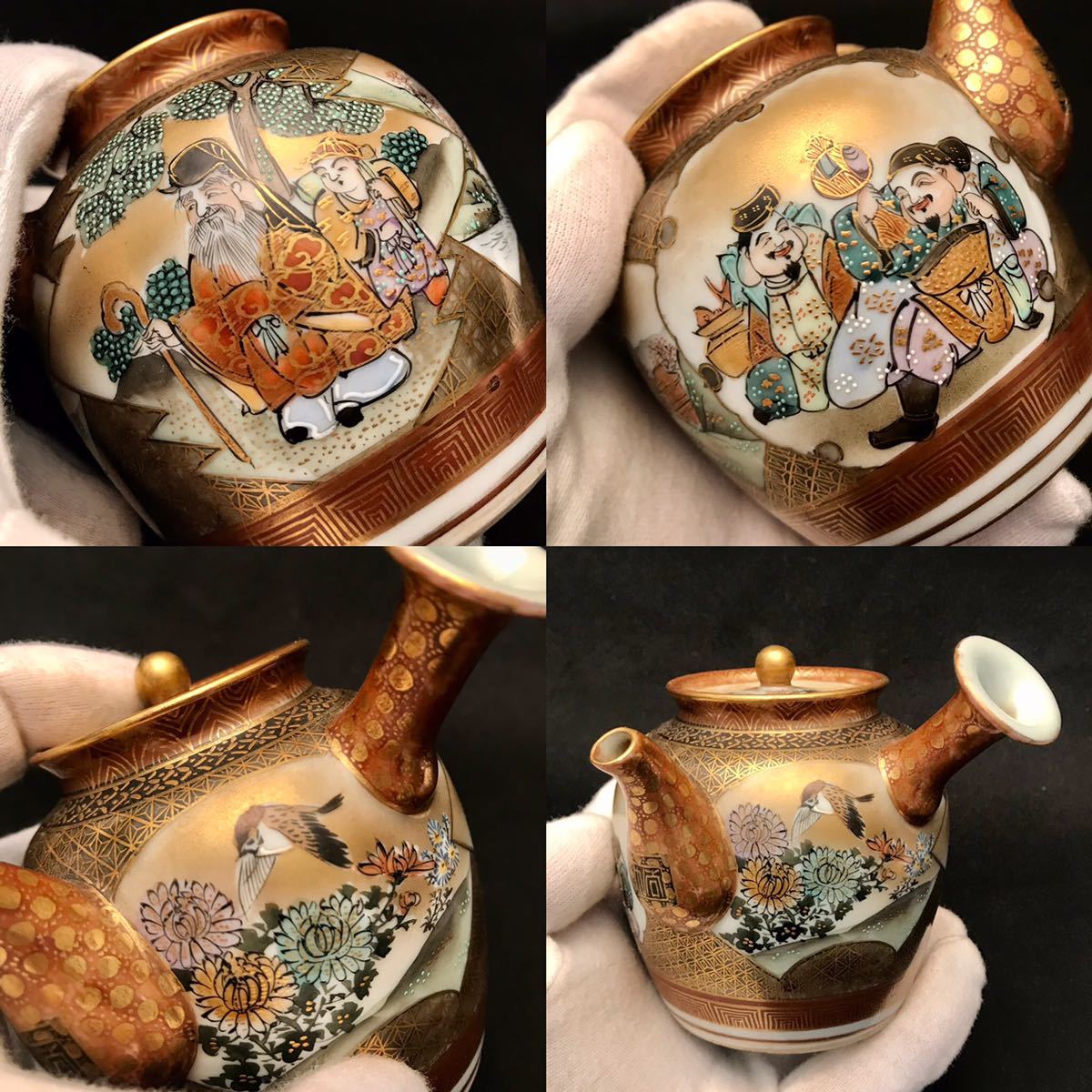 蔵出□明治期 九谷焼 金彩金蘭手 恵比寿大黒寿老人雀窓図 急須□煎茶